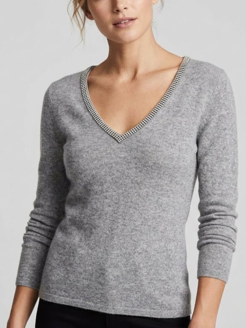 BLOOMINGDALE'S Cashmere Gray V-Neck Sweater Beaded Rhinestone Women's S NEW